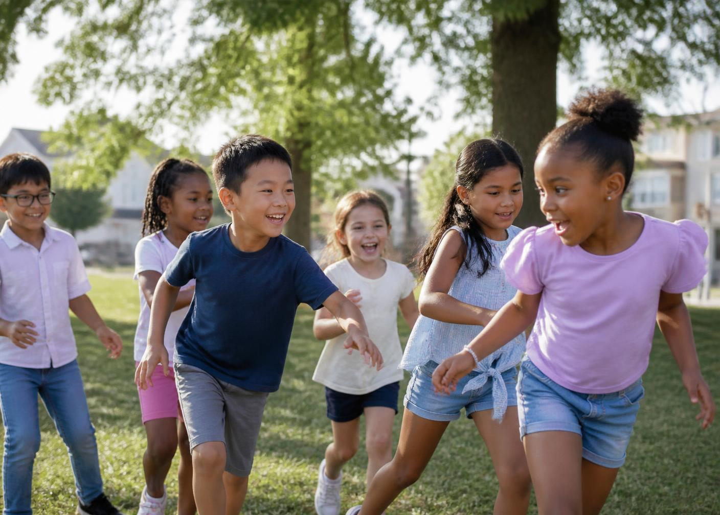 Children of many backgrounds running and laughing together in a neighborhood park