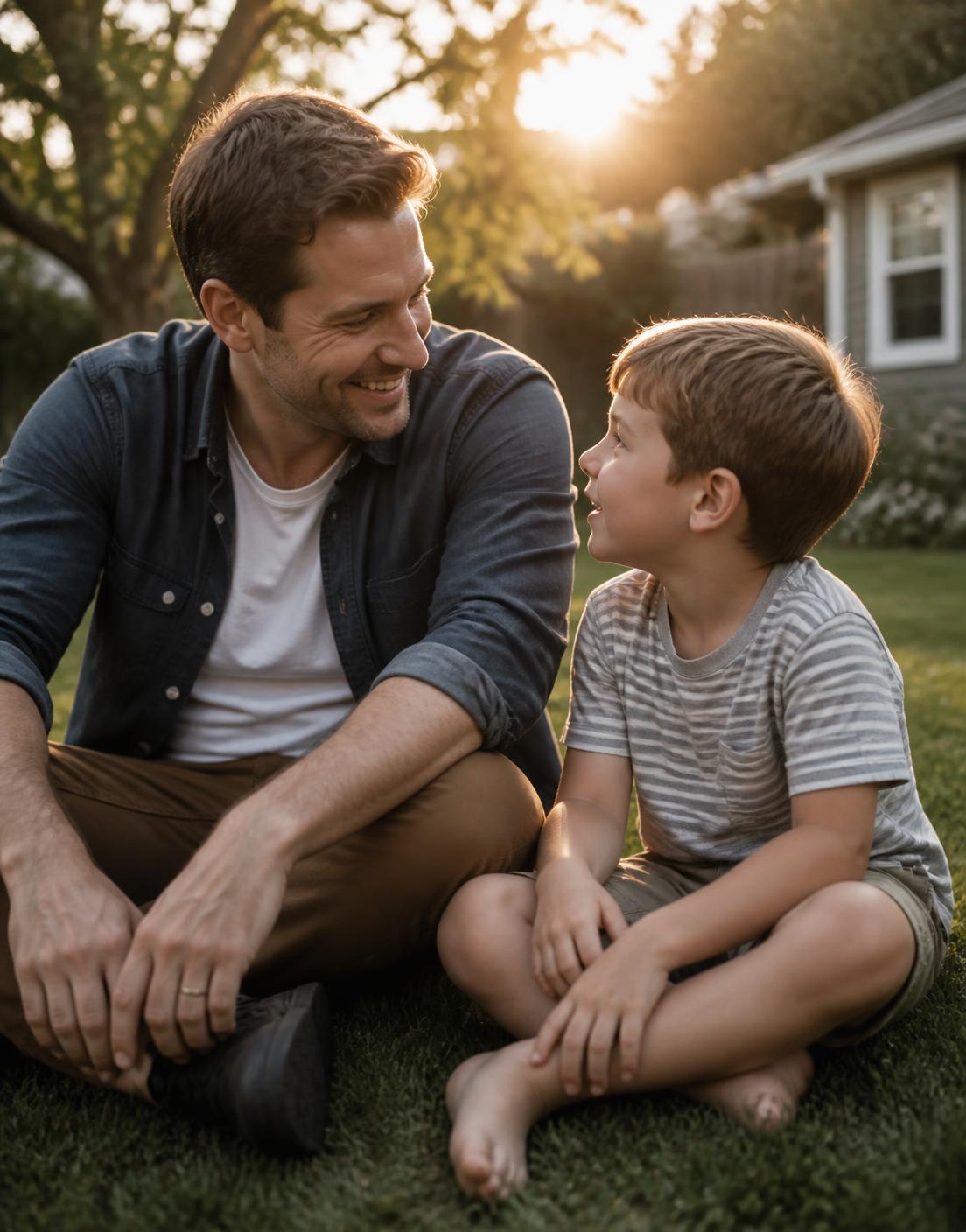 A father and his son talking together in their backyard at sunset